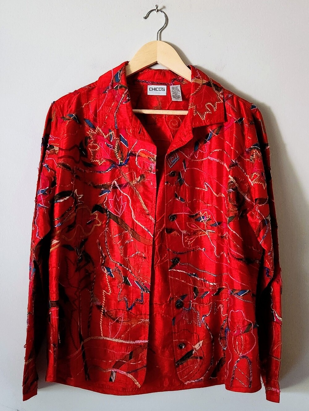 Chico's Silk Art Vibrant Red Embroidered Jacket Sz L